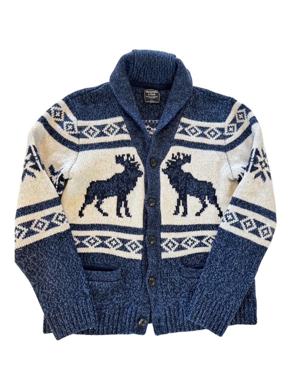 Abercrombie Fitch Wool Moose Shawl Cardigan Sweater Men’s L Fair Isle Heritage